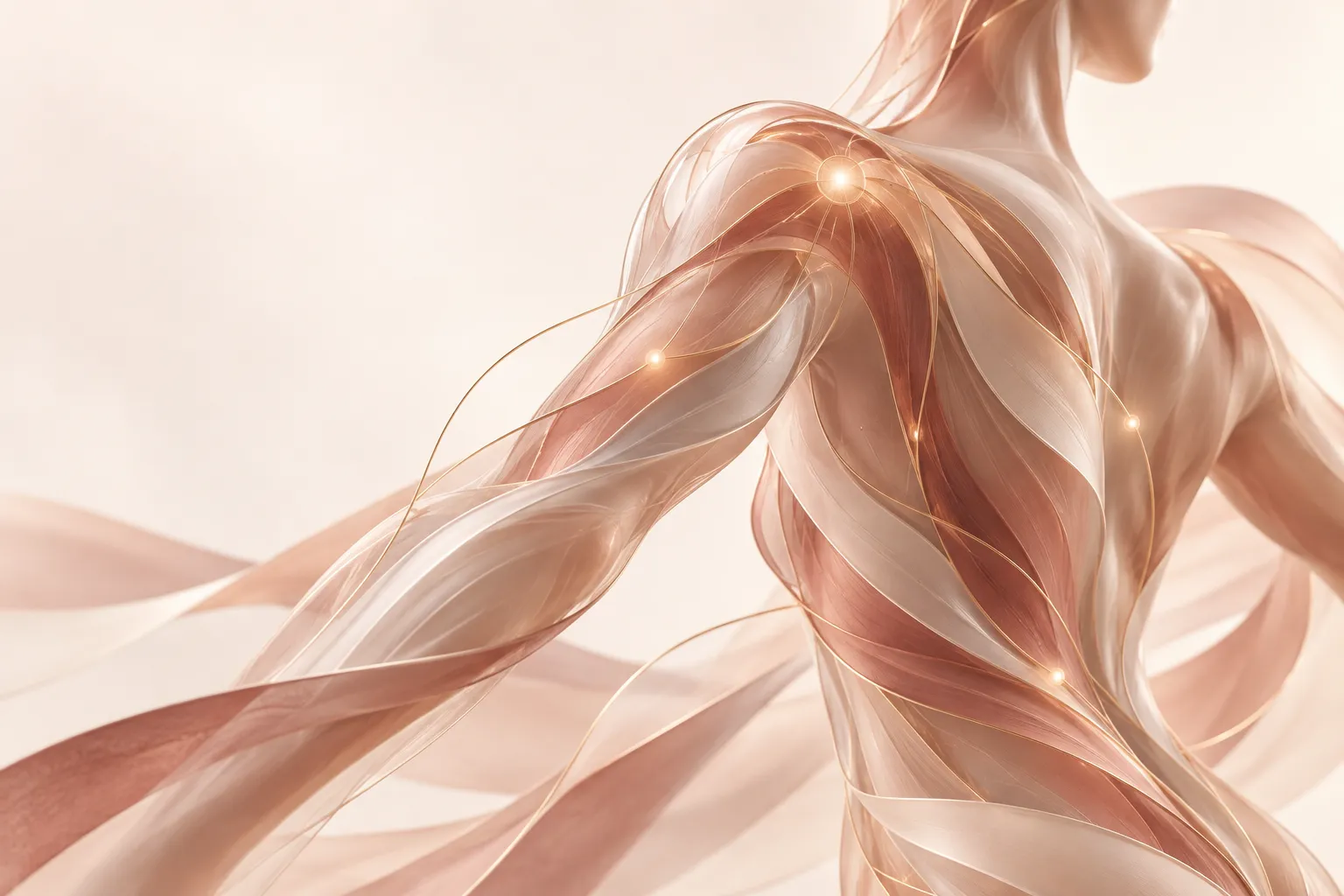 Ilustração conceitual de um torso em formas translúcidas rosadas, com linhas douradas que evocam movimento e conexão.
